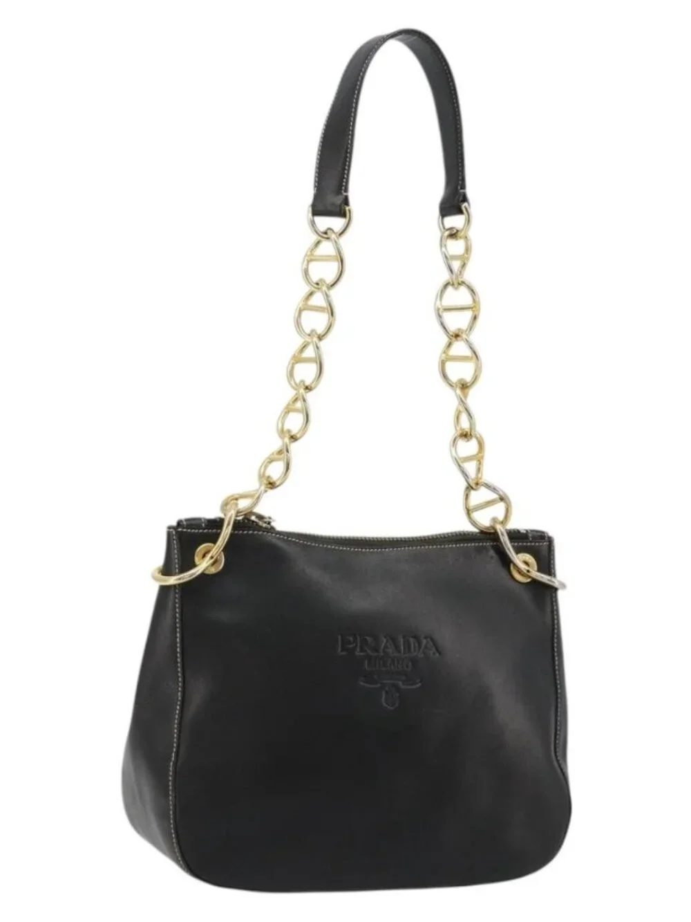 PRADA Chain Shoulder Bag Leather Black Gold Auth